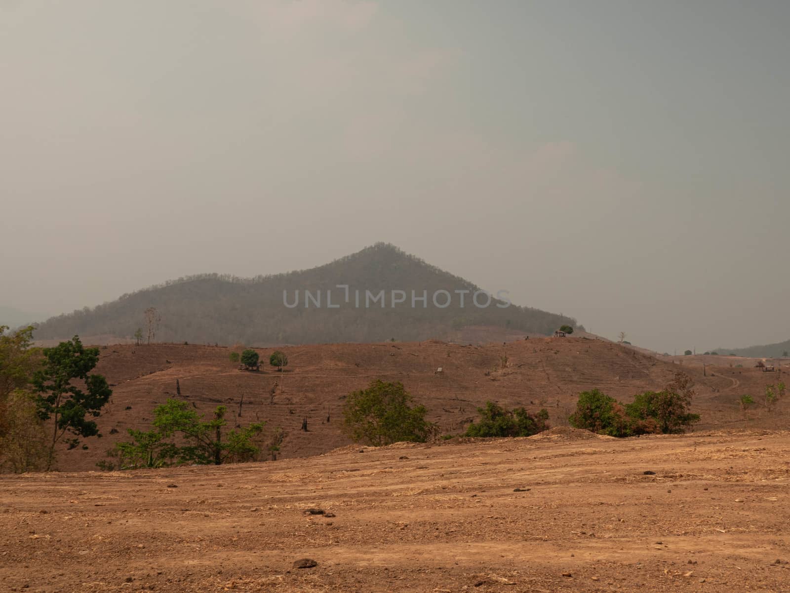 A view on the arid mountains with smog in summer in northern Thailand. Air pollution that affects health. by TEERASAK