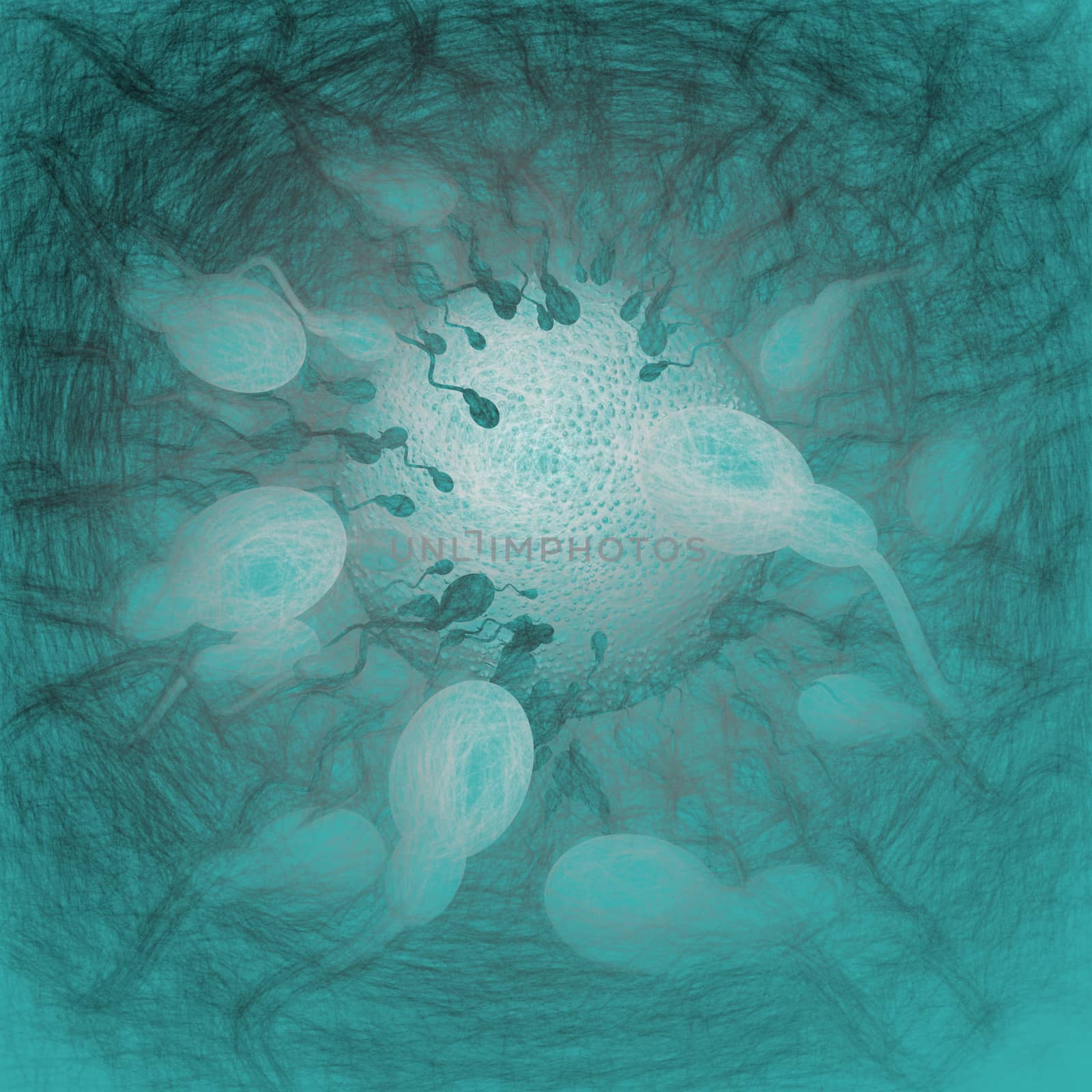 Digital 3d illustration of sperms heading towards egg