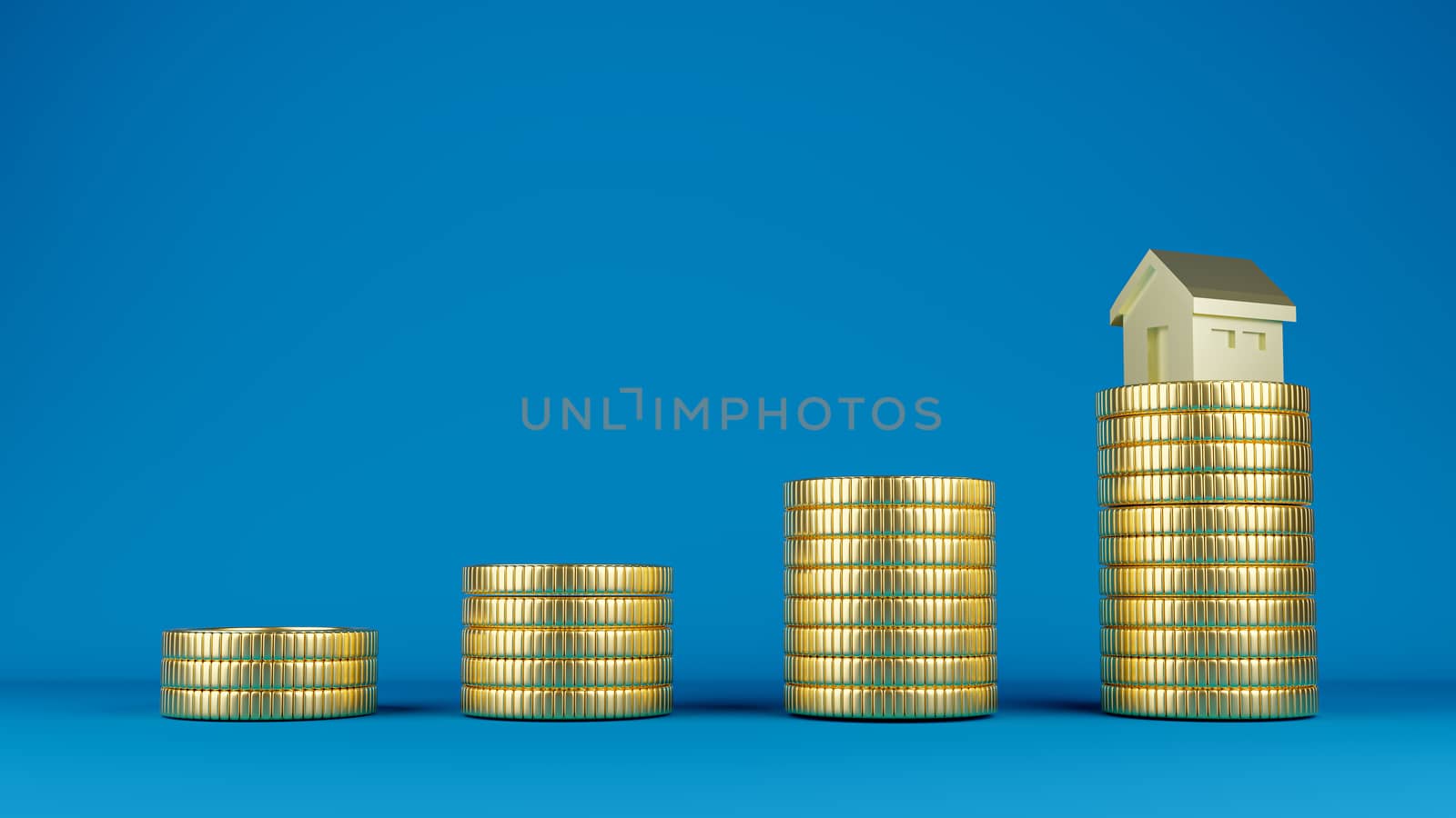 3D rendered image of stacks of gold coins with a gold house model.