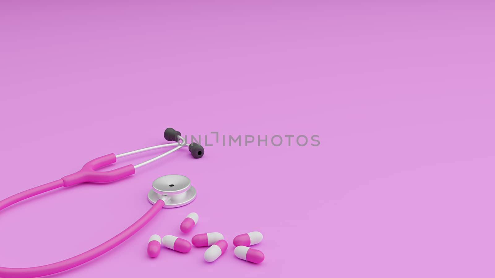 3D render of pink stethoscope and capsules by Nawoot