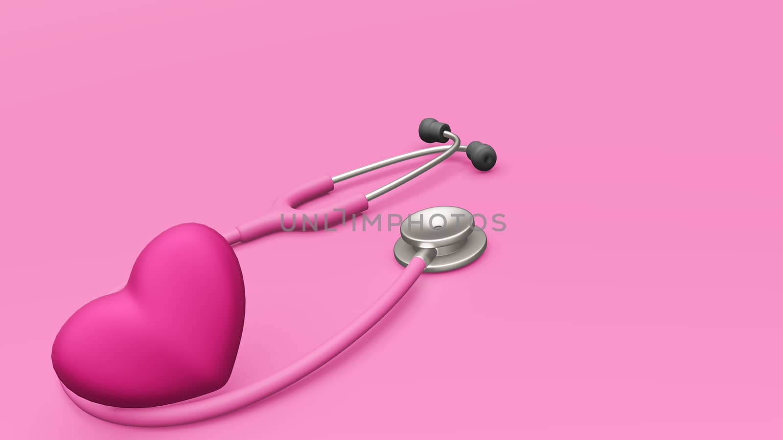 A 3D rendered image of a pink stethoscope and a heart on pink background.