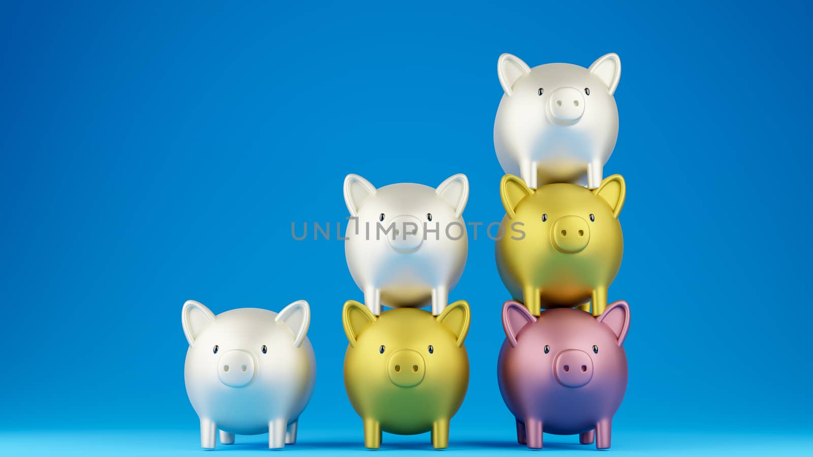 3 D rendered illustration of piggy banks in three different type of gold shaddings, white gold, metallic gold, and rose gold, in column design. Blue background. Business and finance concept.