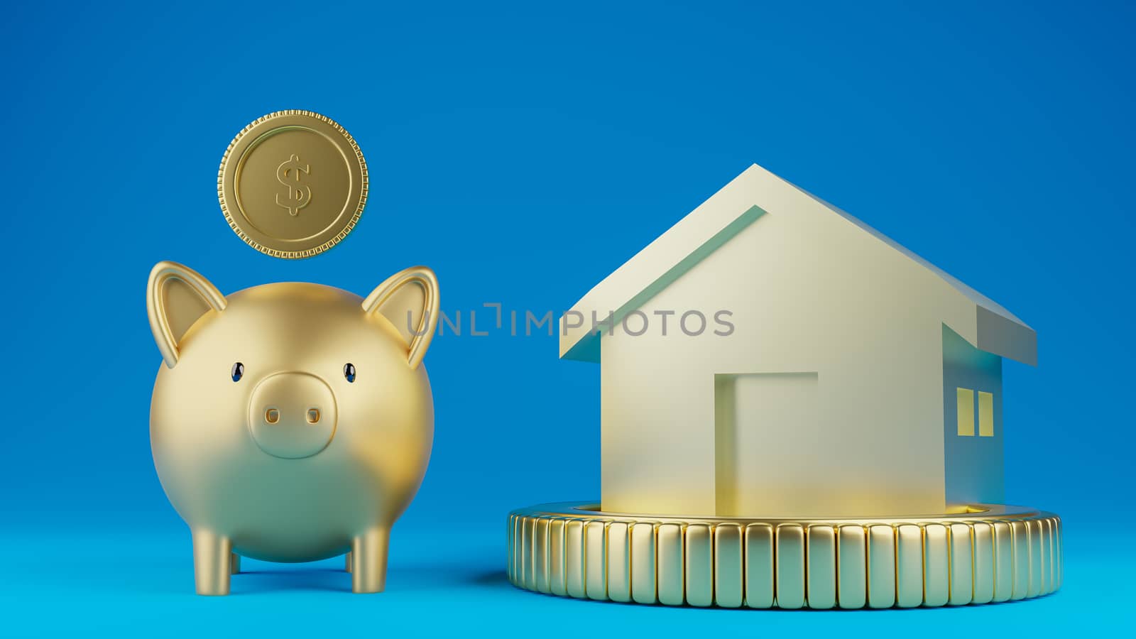 3d rendered illustration of a gold piggy bank with a model house on a large coin. Blue color background. Saving, business, and finance concept.