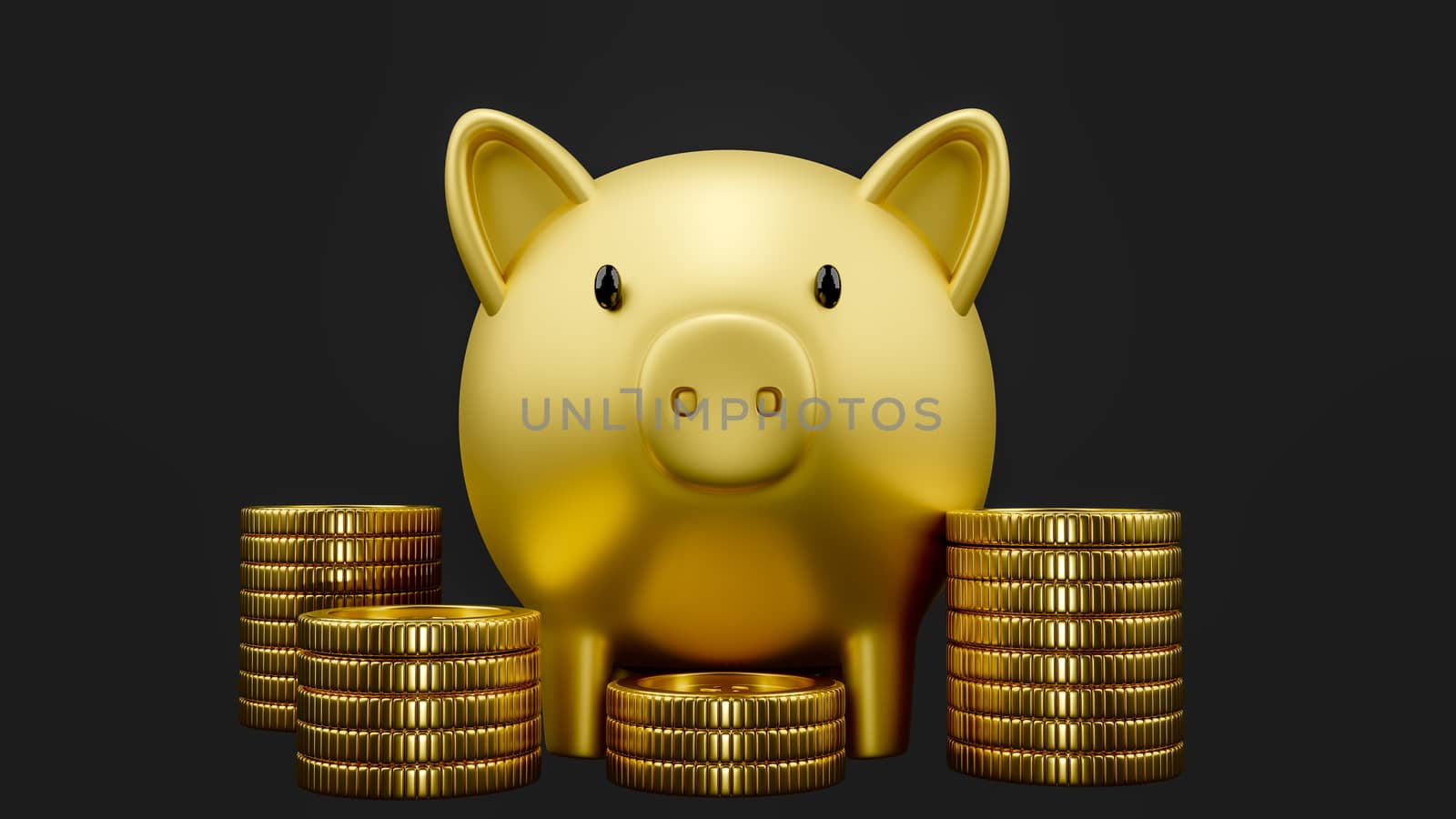 3D render illustration of a gold piggy bank with stacks of gold coins.