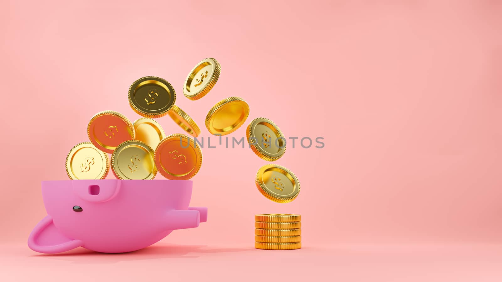 3d rendered illustration of a halved pink piggy bank with gold coins flowing out of it to form a stack of money. Pastel pink color background.