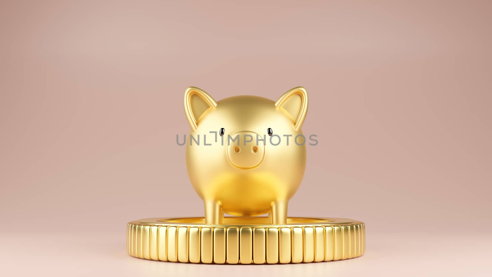 3d rendered illustration of a gold piggy bank standing on a large gold coin. Pastel old rose color background. Business and finance concept.