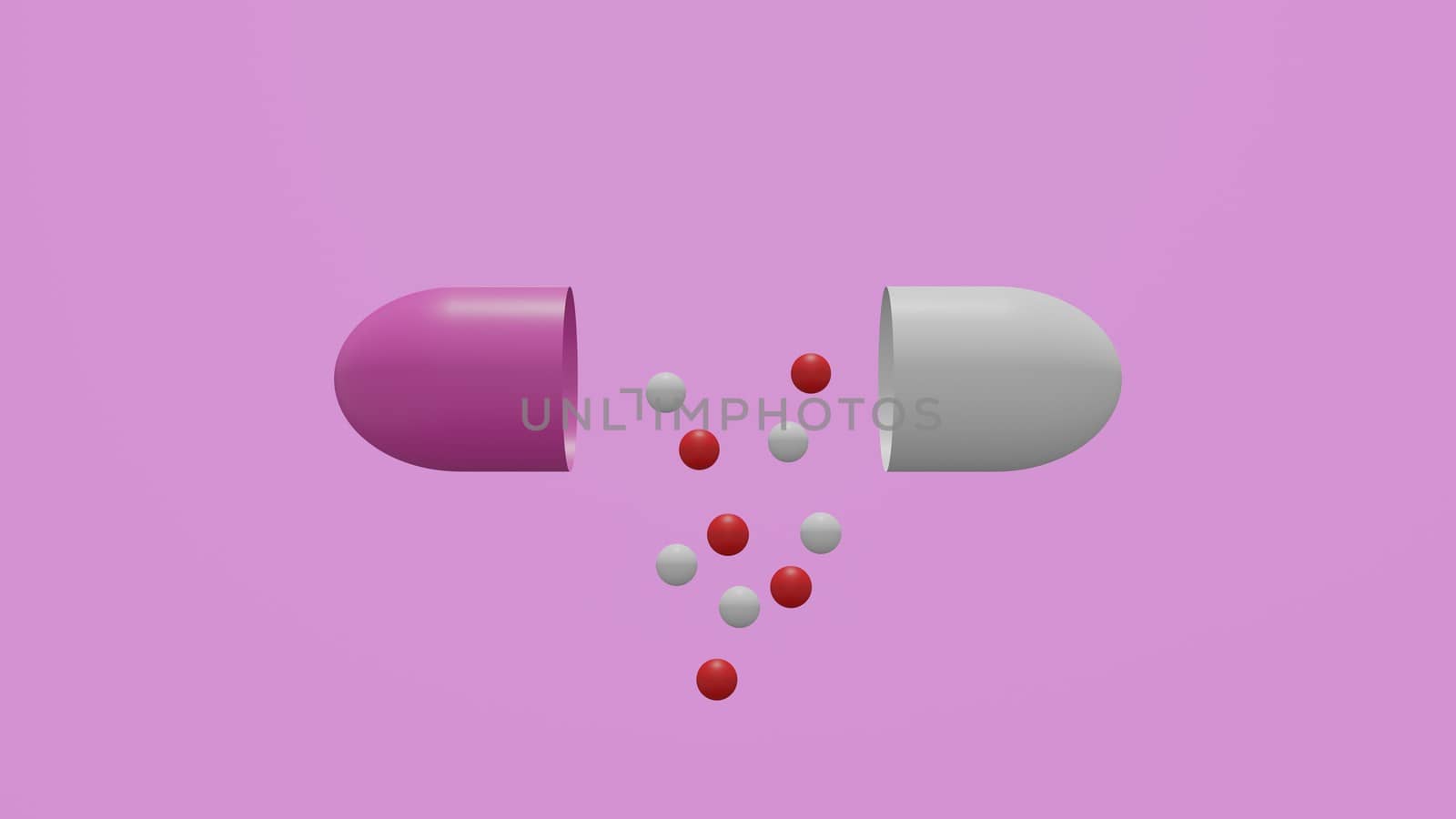 3 D rendered illustration of white and pink capsule with time release medication granules
