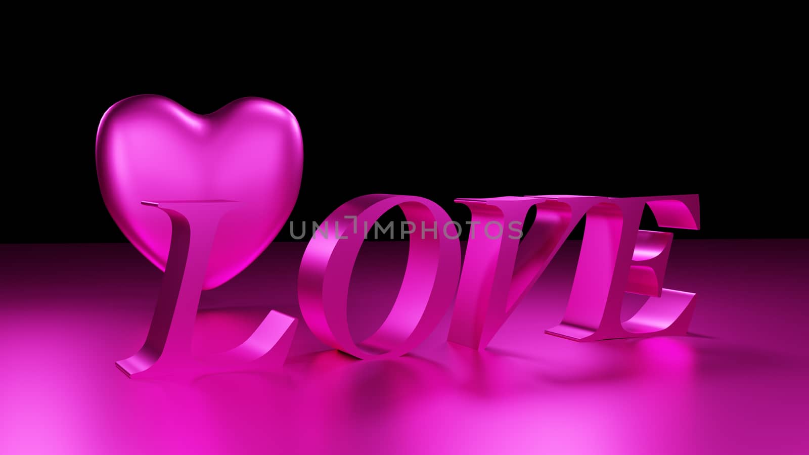 3D rendered illutration of a word love and a heart on pink background.
