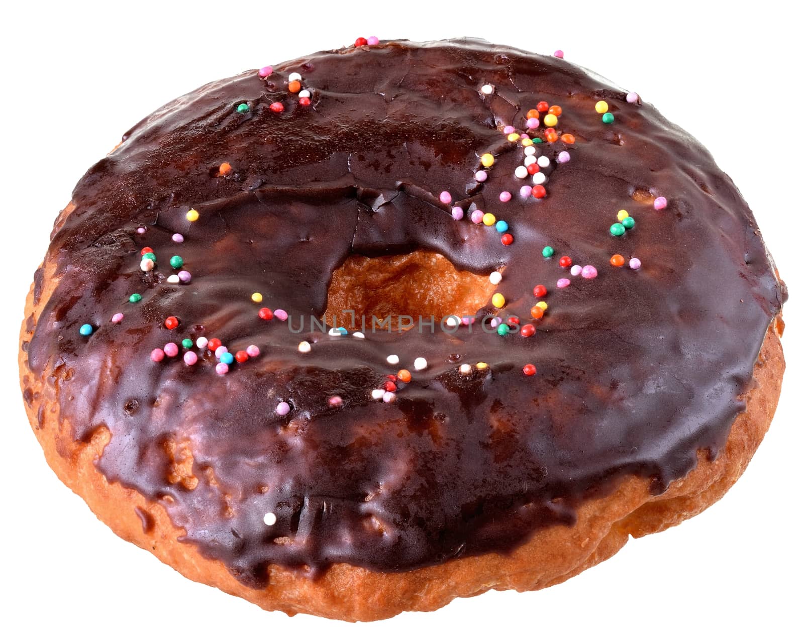 Chocolate donut covered with icing with sugar chips isolated white background top view.