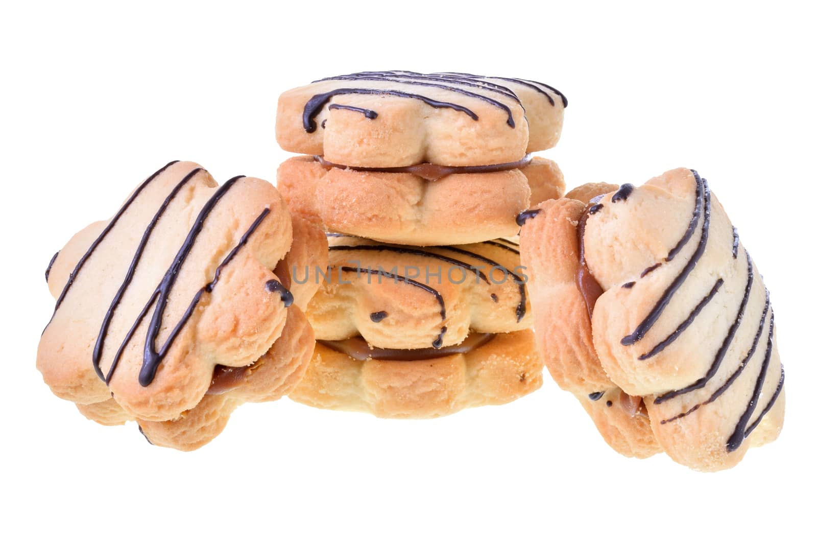 homemade cookies sandwich with chocolate and custard isolated on white background.