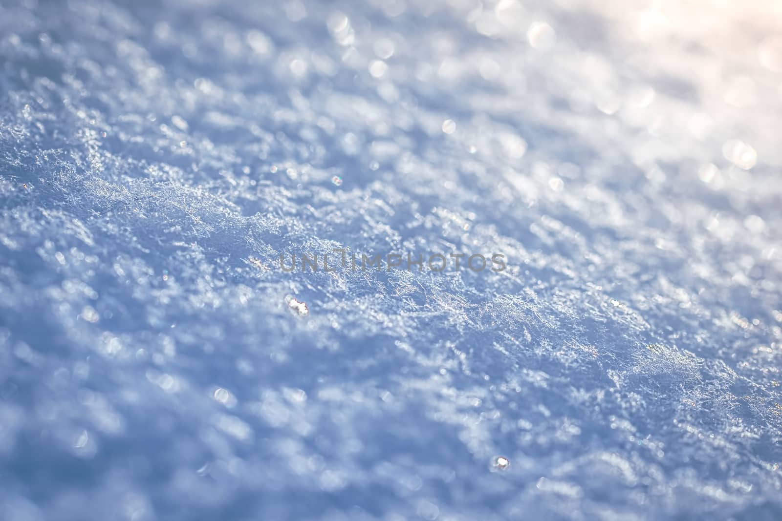 Macro background of fresh snowflake texture on a blur.