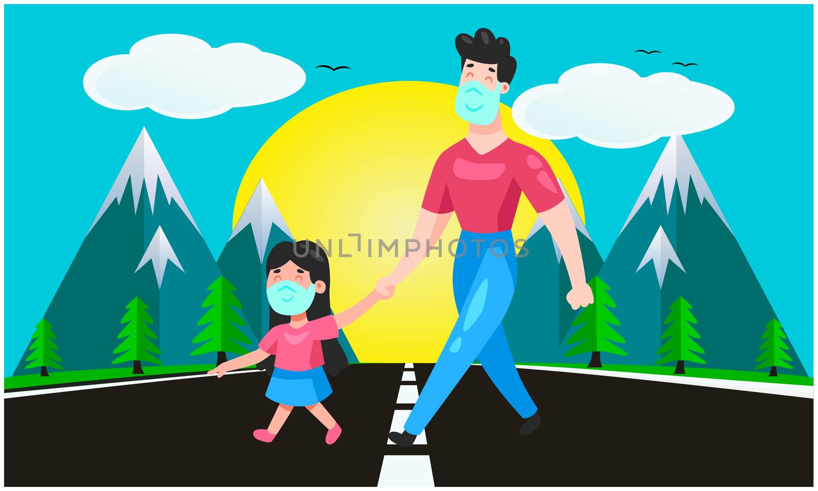 man is crossing the road with her daughter