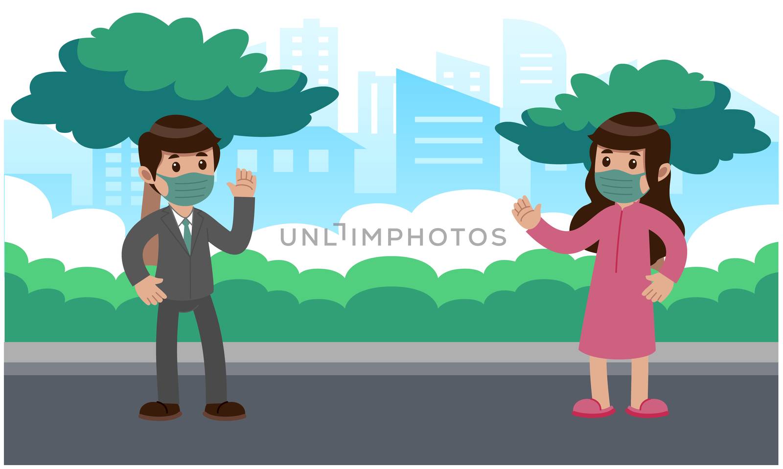 girl and boy meeting on roadside and waving hands to each other by aanavcreationsplus