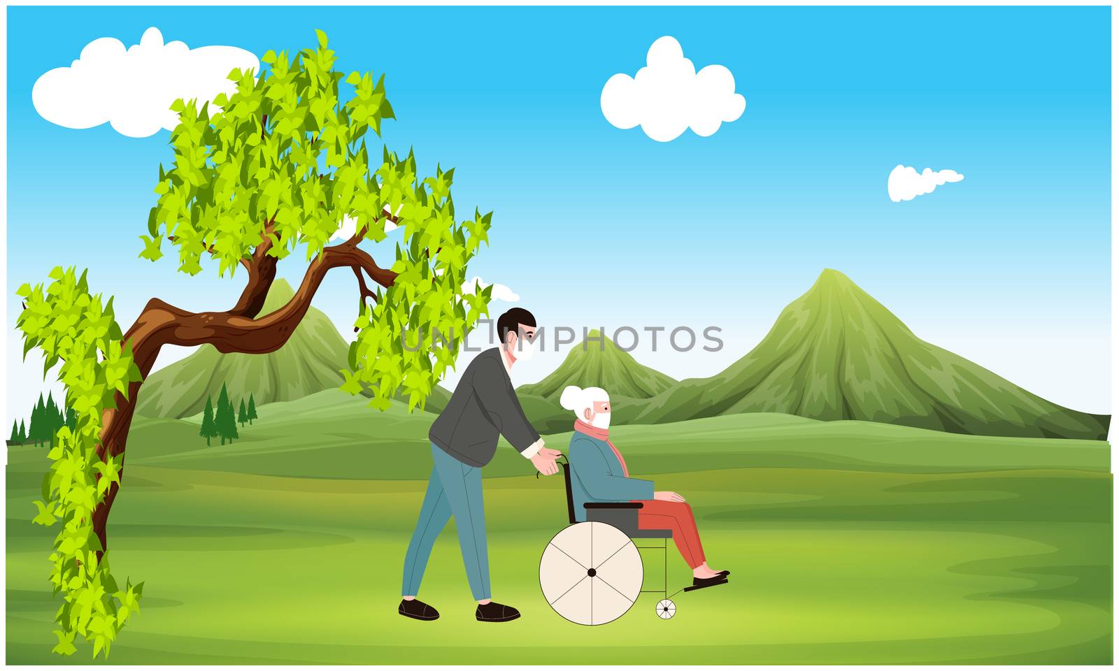 man walking in a garden with his old grandmother by aanavcreationsplus