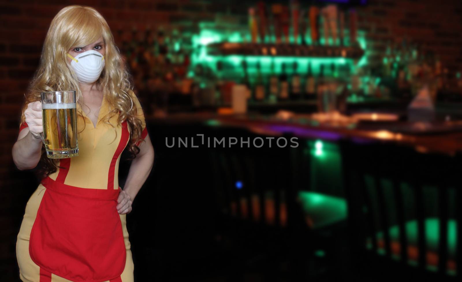 Waitress With N95 Mask To Prevent Illness Sports Bar Background