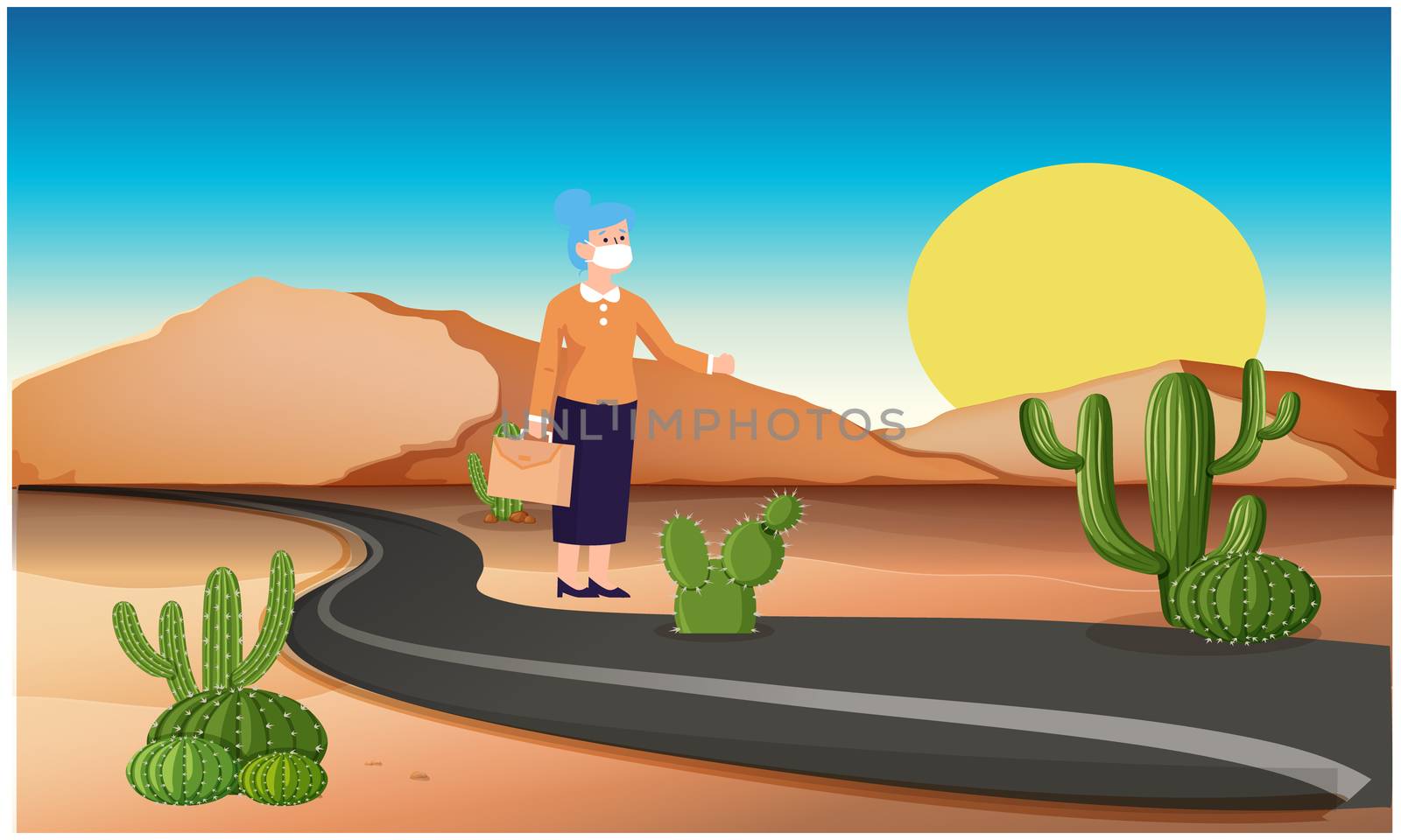 old woman standing on a road in the desert by aanavcreationsplus