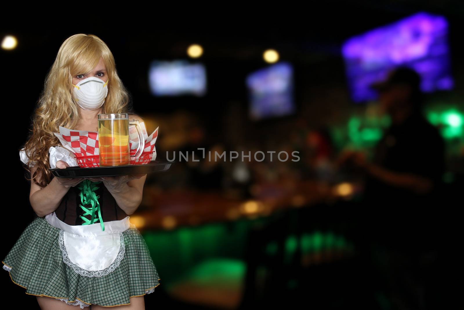 Tavern Waitress Wearing N95 Mask With Tray of Food by Marti157900