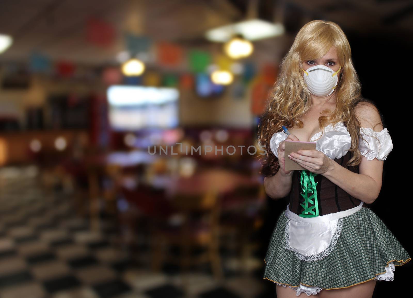 Tavern Waitress With N95 Mask Taking Order Sports Bar Background