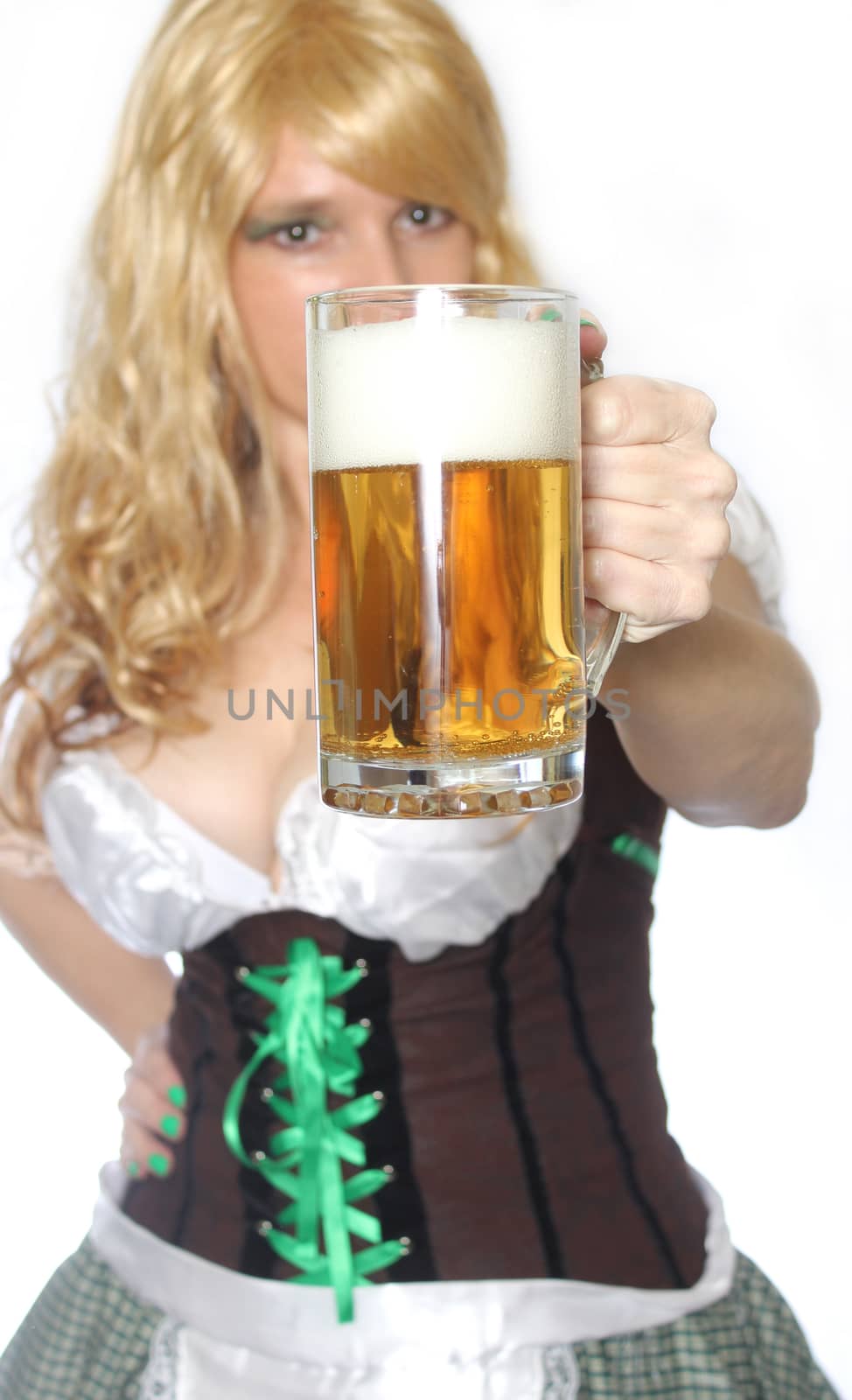 Pub or Tavern Waitress with Beer on White Background