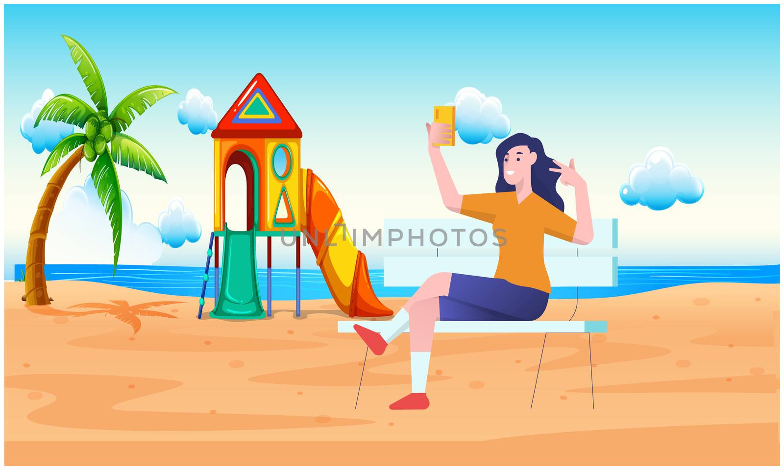 girl is sitting on the beach and playing with mobile by aanavcreationsplus