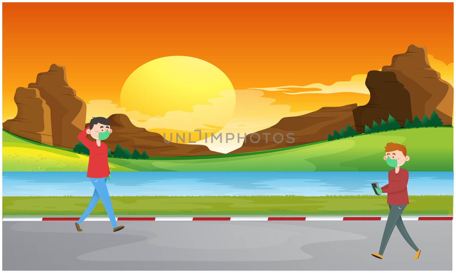 boy and girl walking on river side road in the evening