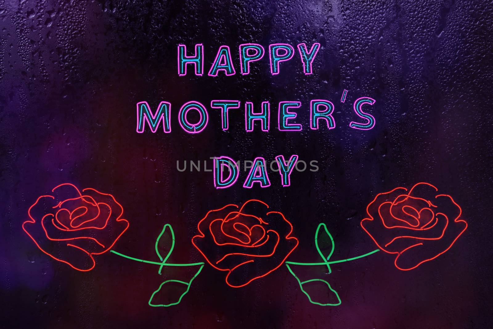 Neon Happy Mother's Day Sign in Rainy Window