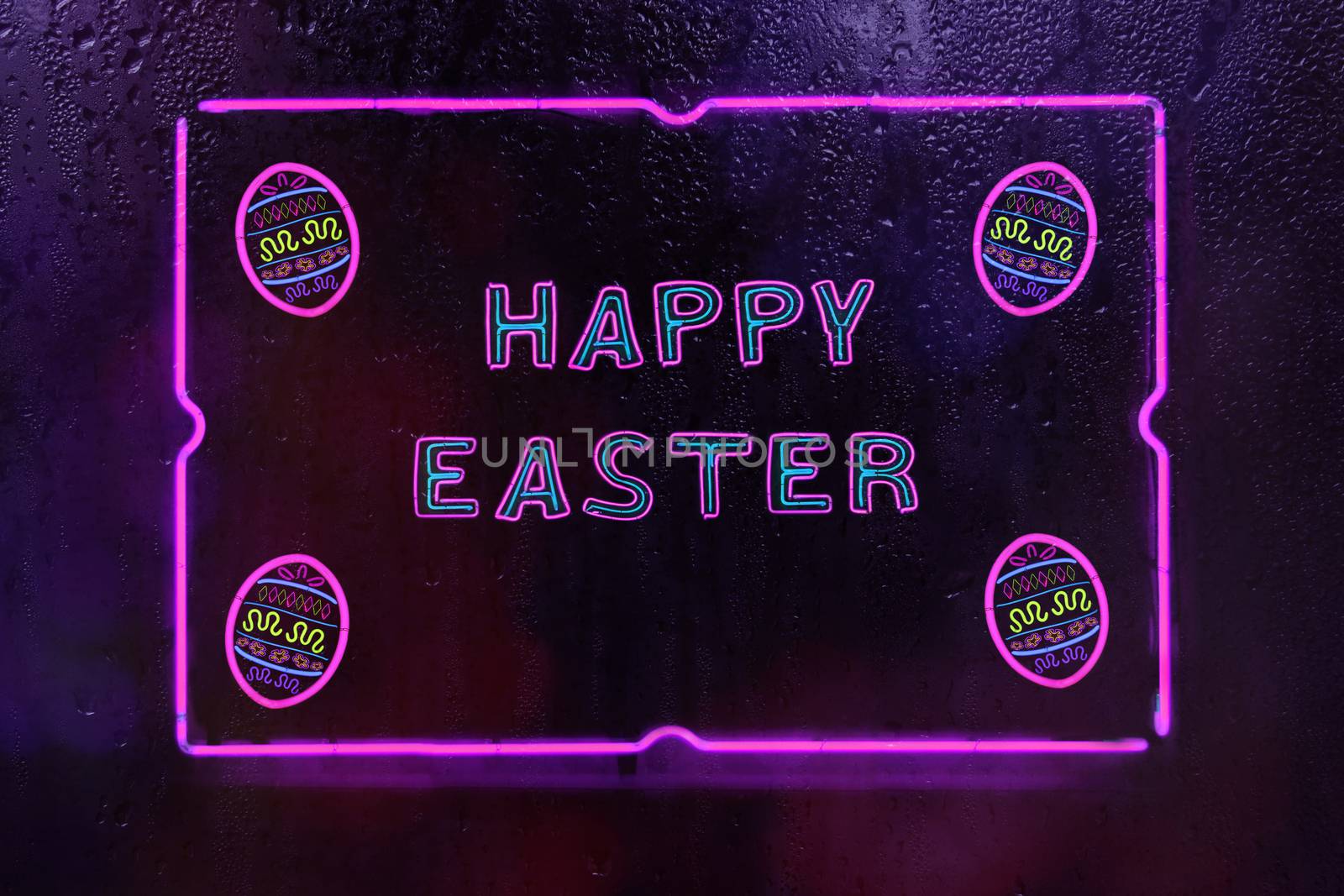 Neon Happy Easter Sign in Rainy Window Photo Composite