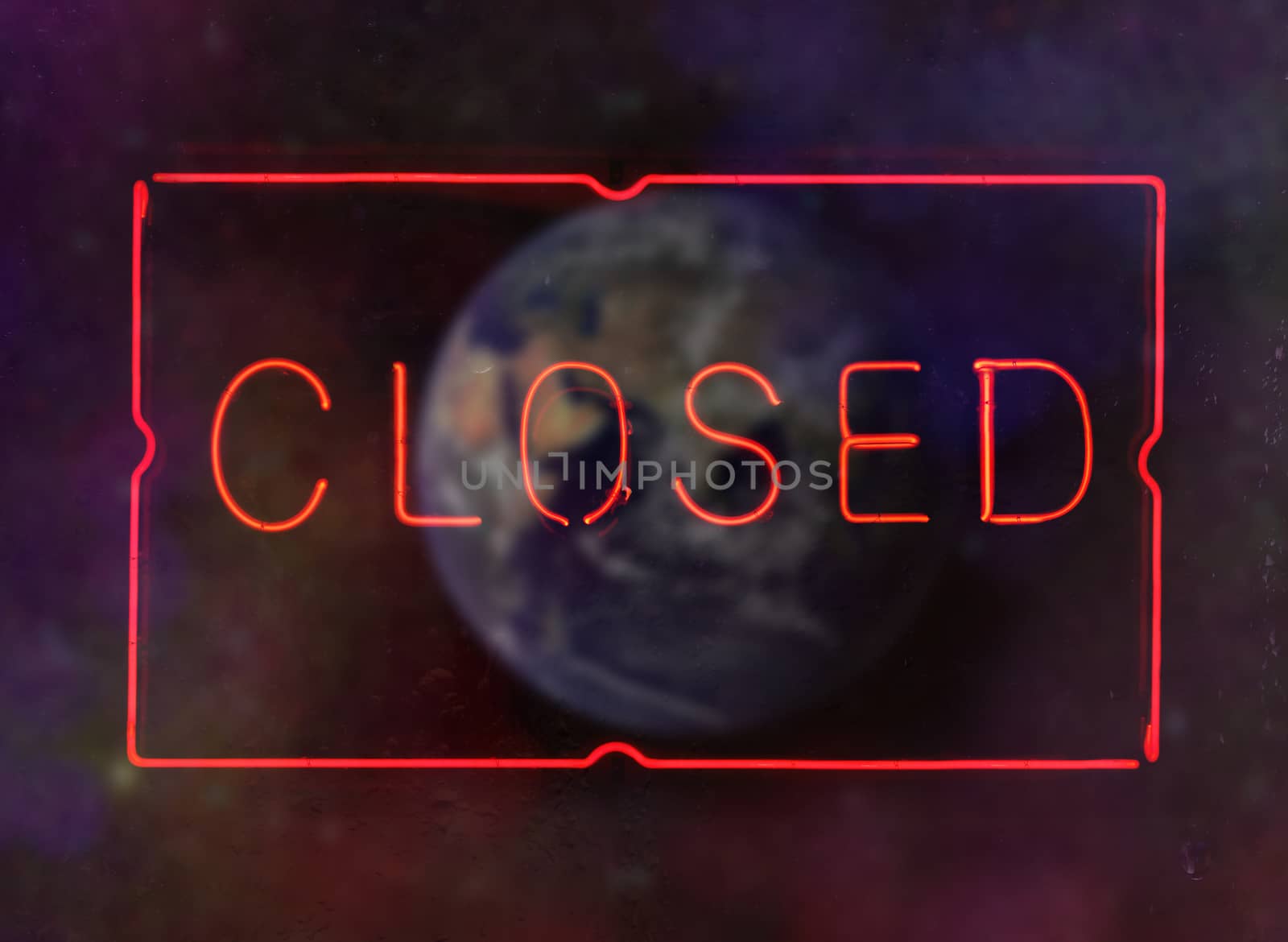 Neon Closed Sign over blurred Earth Background