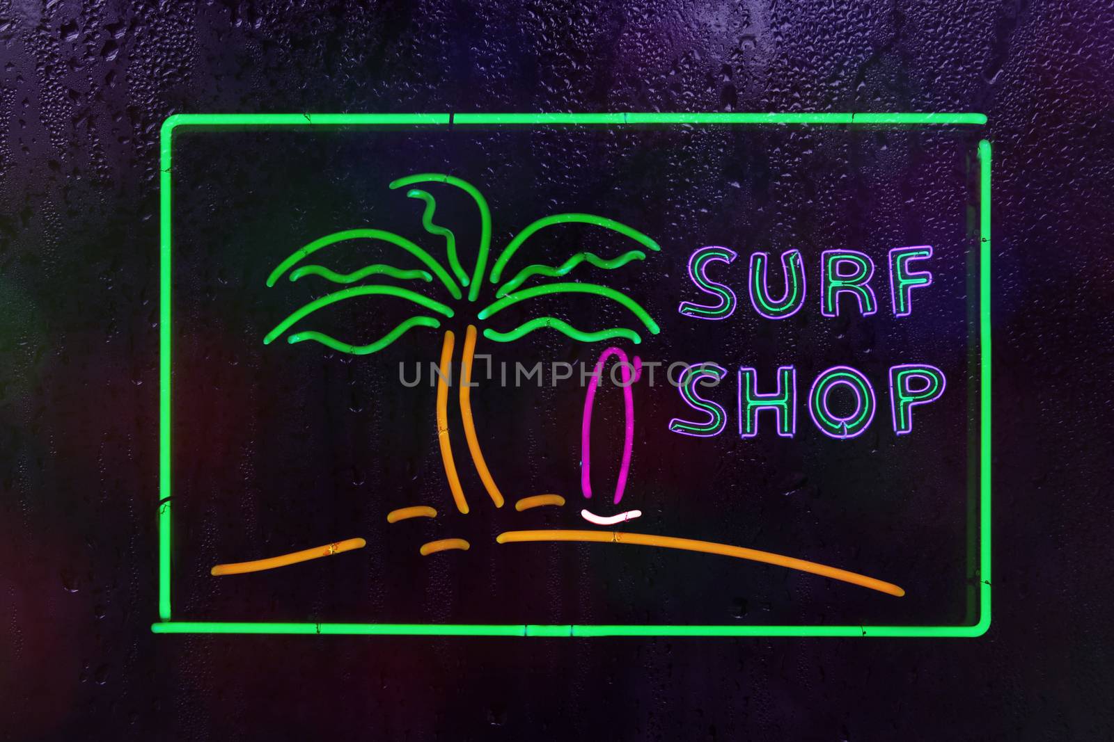 Neon Surf Shop Sign in Rainy Window Photo Composite Image