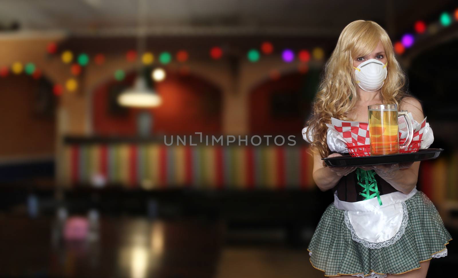 Tavern Waitress Wearing N95 Mask With Tray of Food, Shallow DOF Focus on Tray