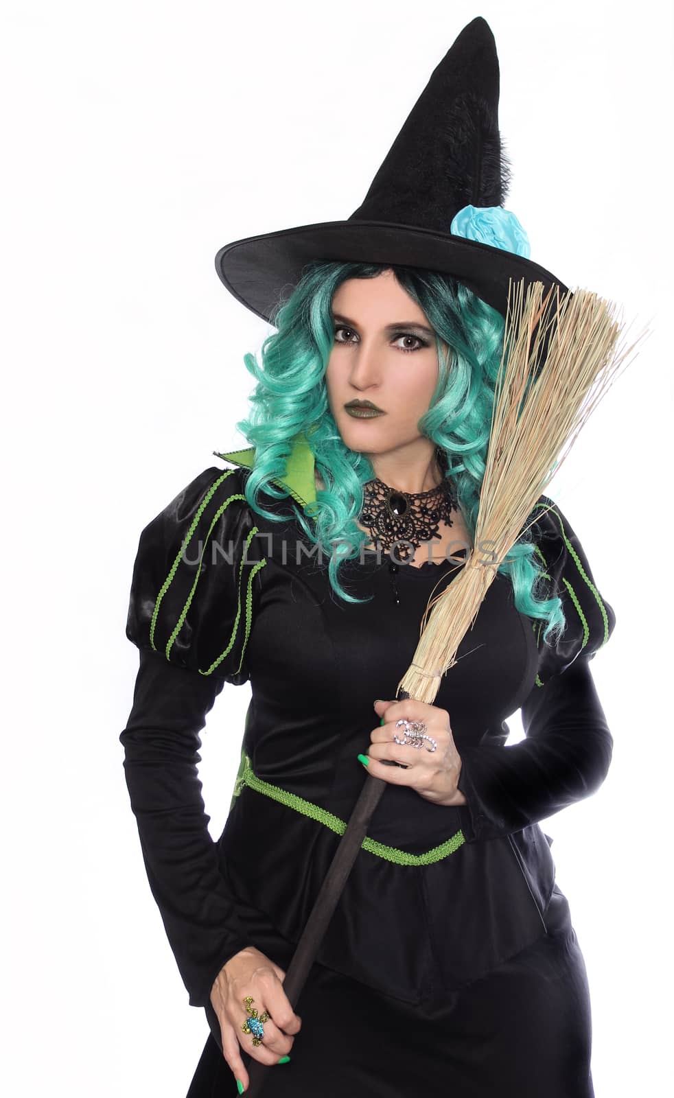 Witch With Green Hair and Broom on White by Marti157900