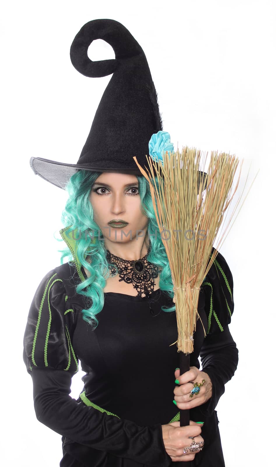 Green Haired Witch With Broom and Hat on White Background