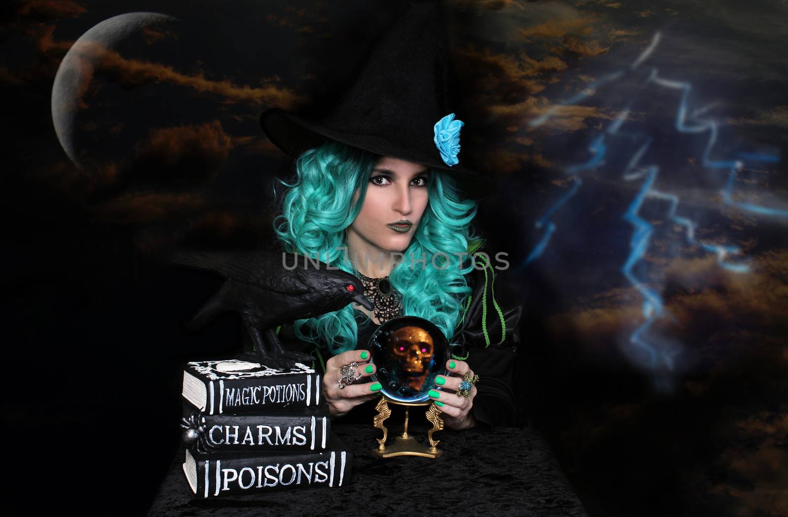Witch With Crystal Ball and Spell Books Photo Composite