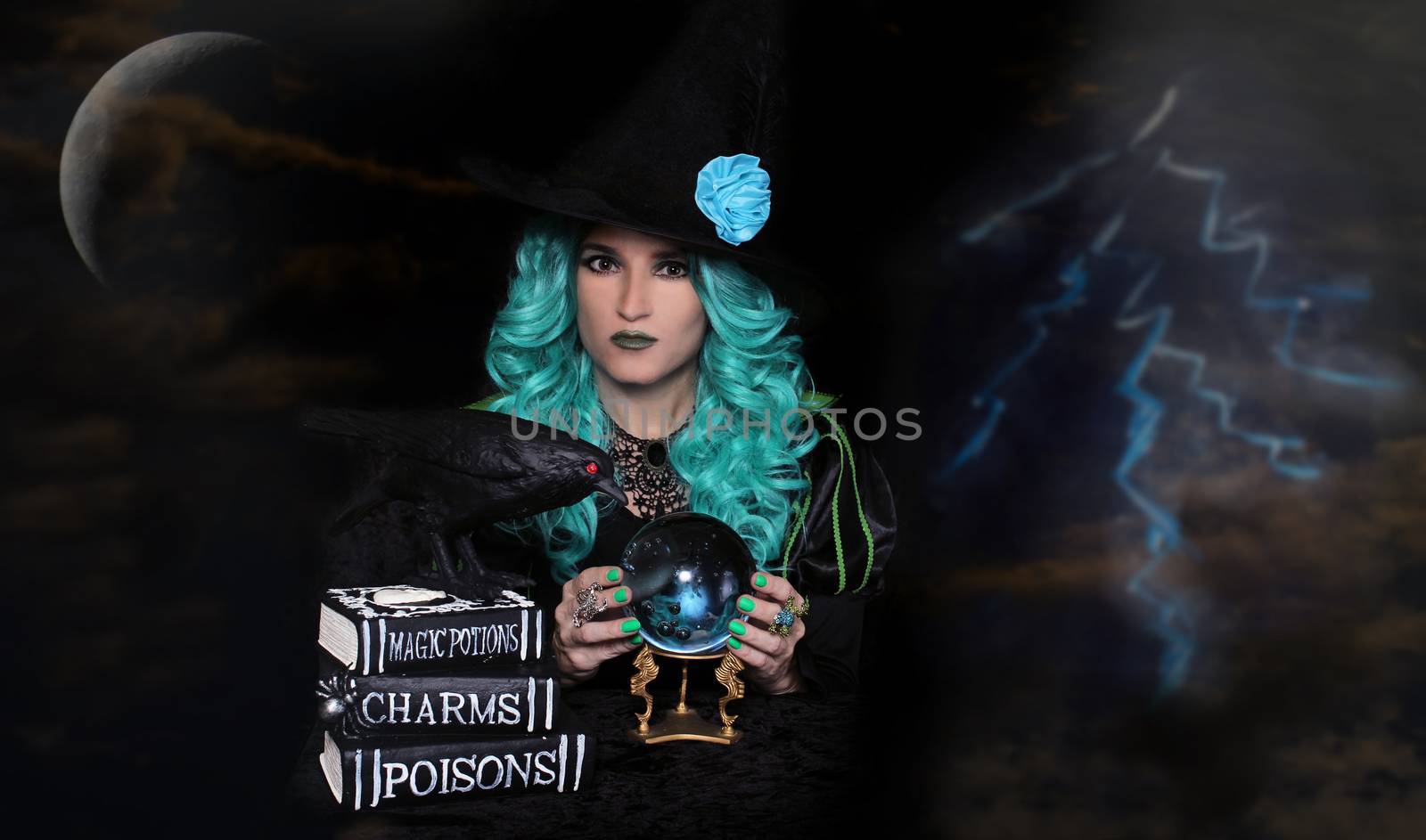 Green Haired Witch With Crystal Ball and Spell Books