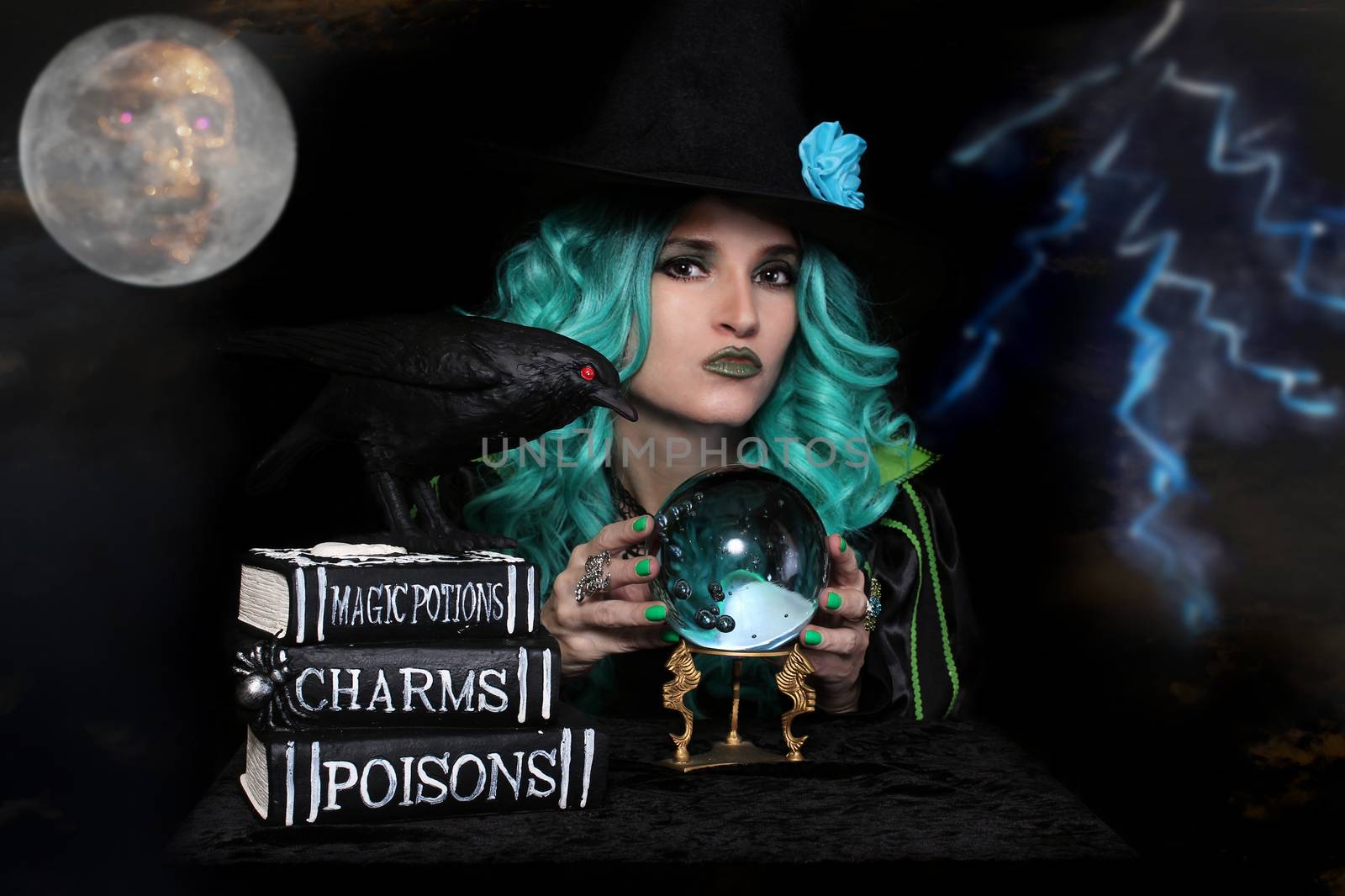 Green Haired Witch With Crystal Ball and Spell Books