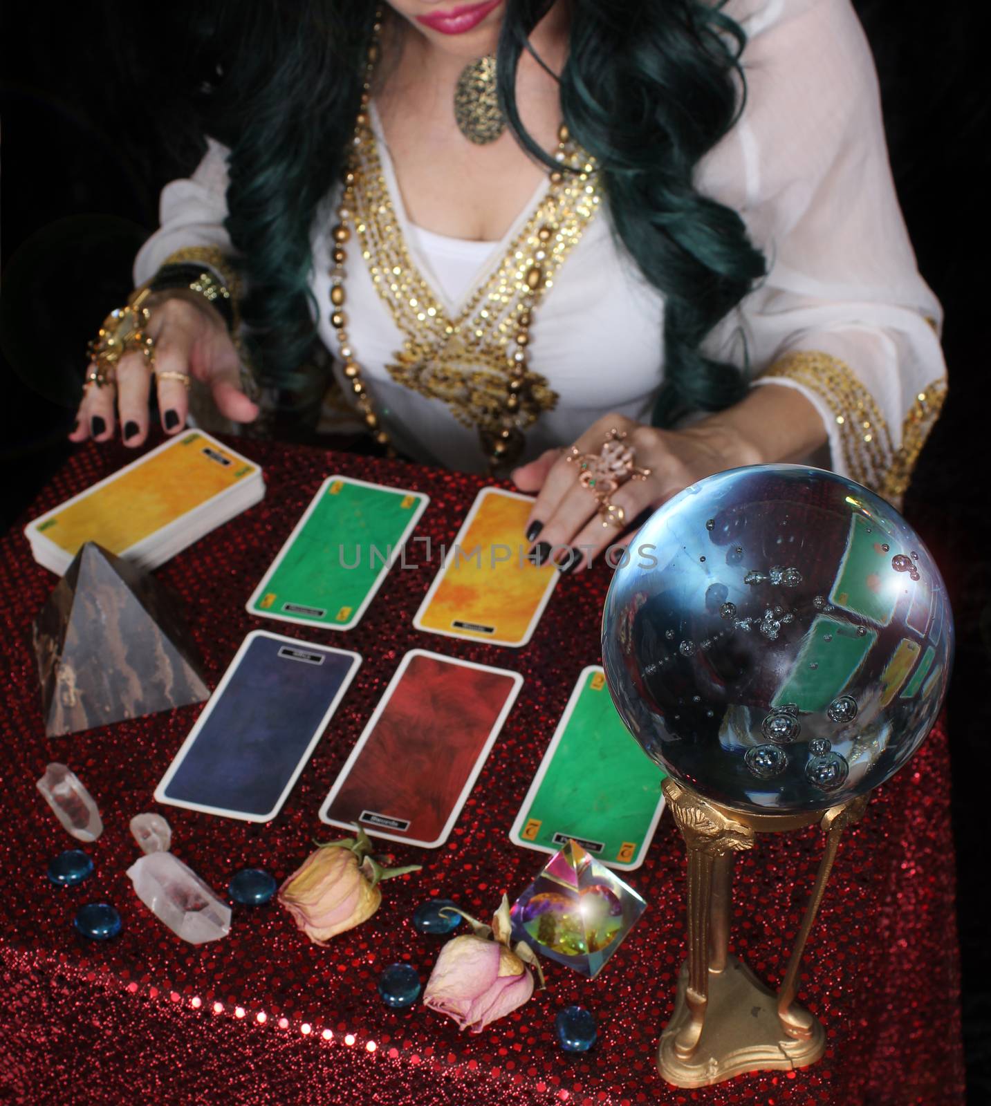 Psychic with Black and Green Hair, crystal ball and tarot cards