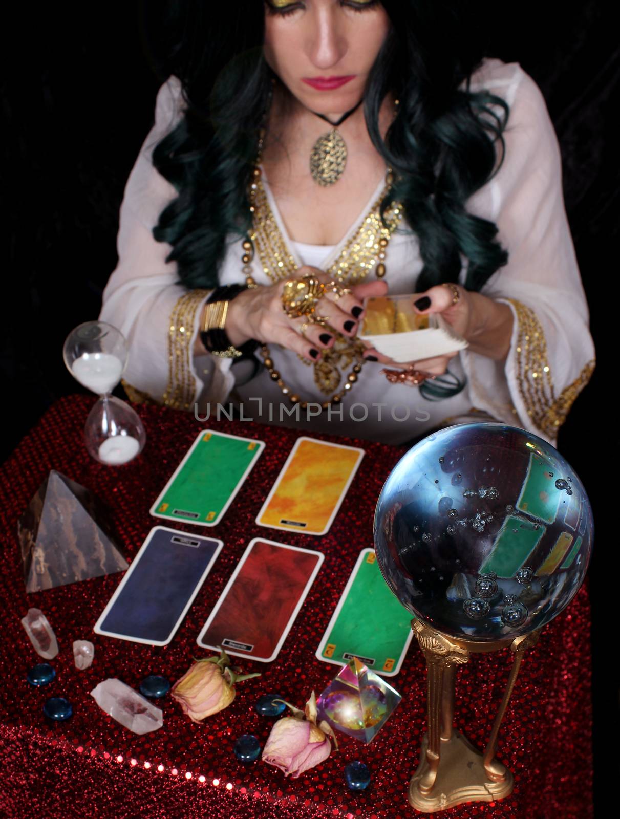 Psychic with Black and Green Hair, crystal ball and tarot cards
