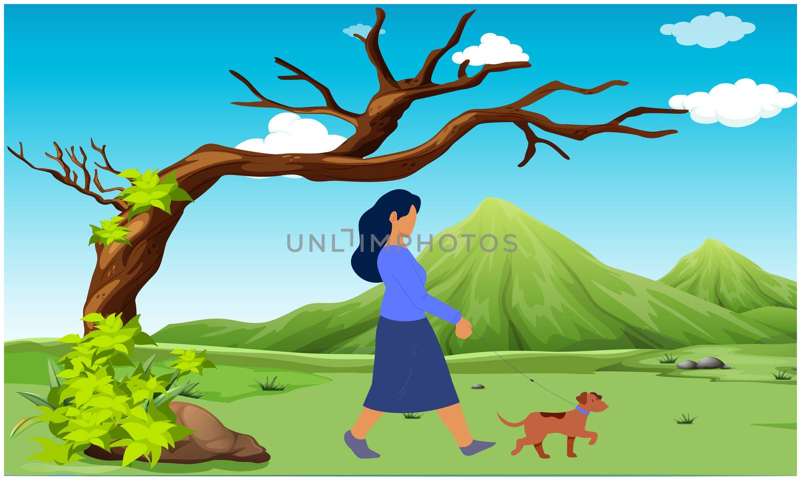 girl walking with her dog in the garden