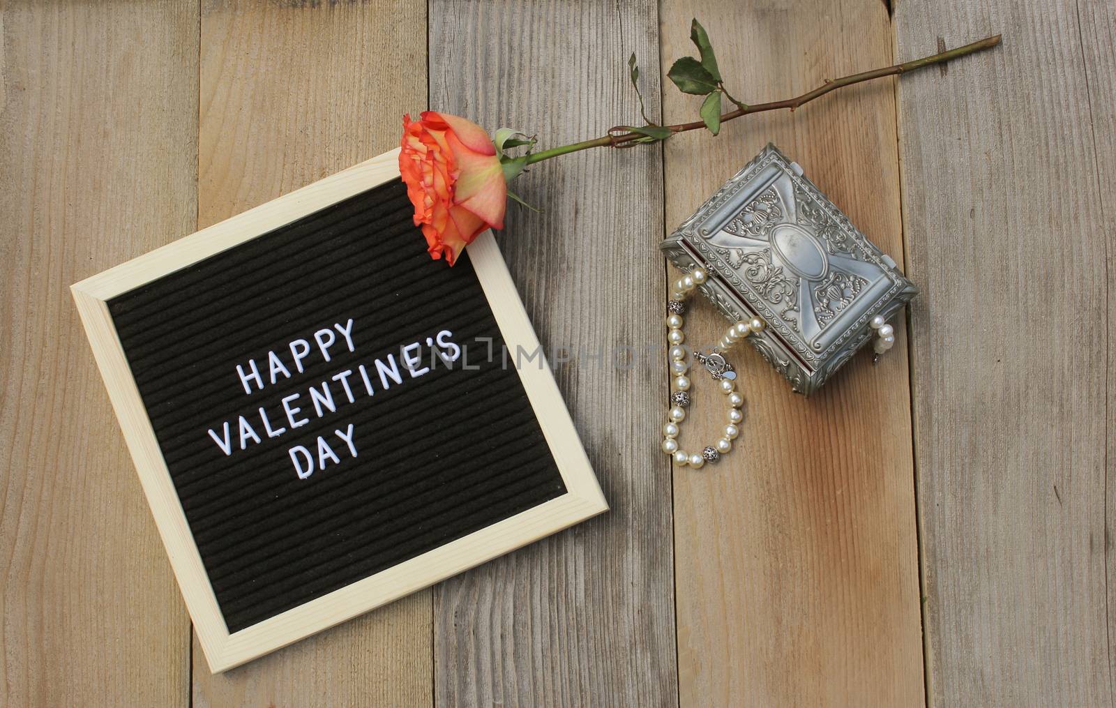 Happy Valentines Day Sign With Pearls in Jewelry Box