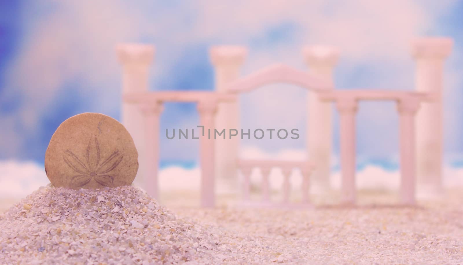 Seashell on Tropical Beach With Roman Style Ruins Shallow DOF, Focus on Shell