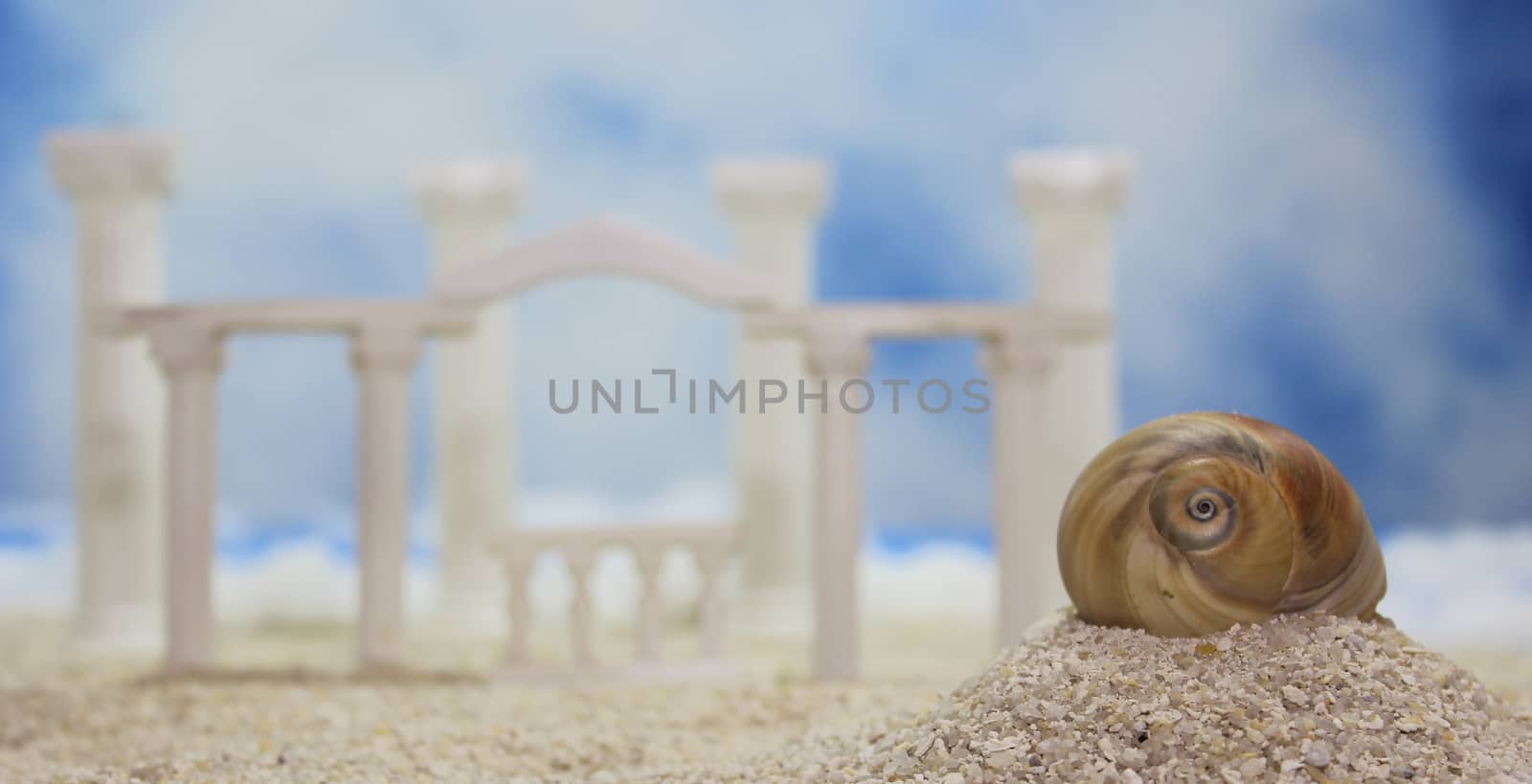 Seashell on Tropical Beach With Roman Style Ruins, Shallow DOF
