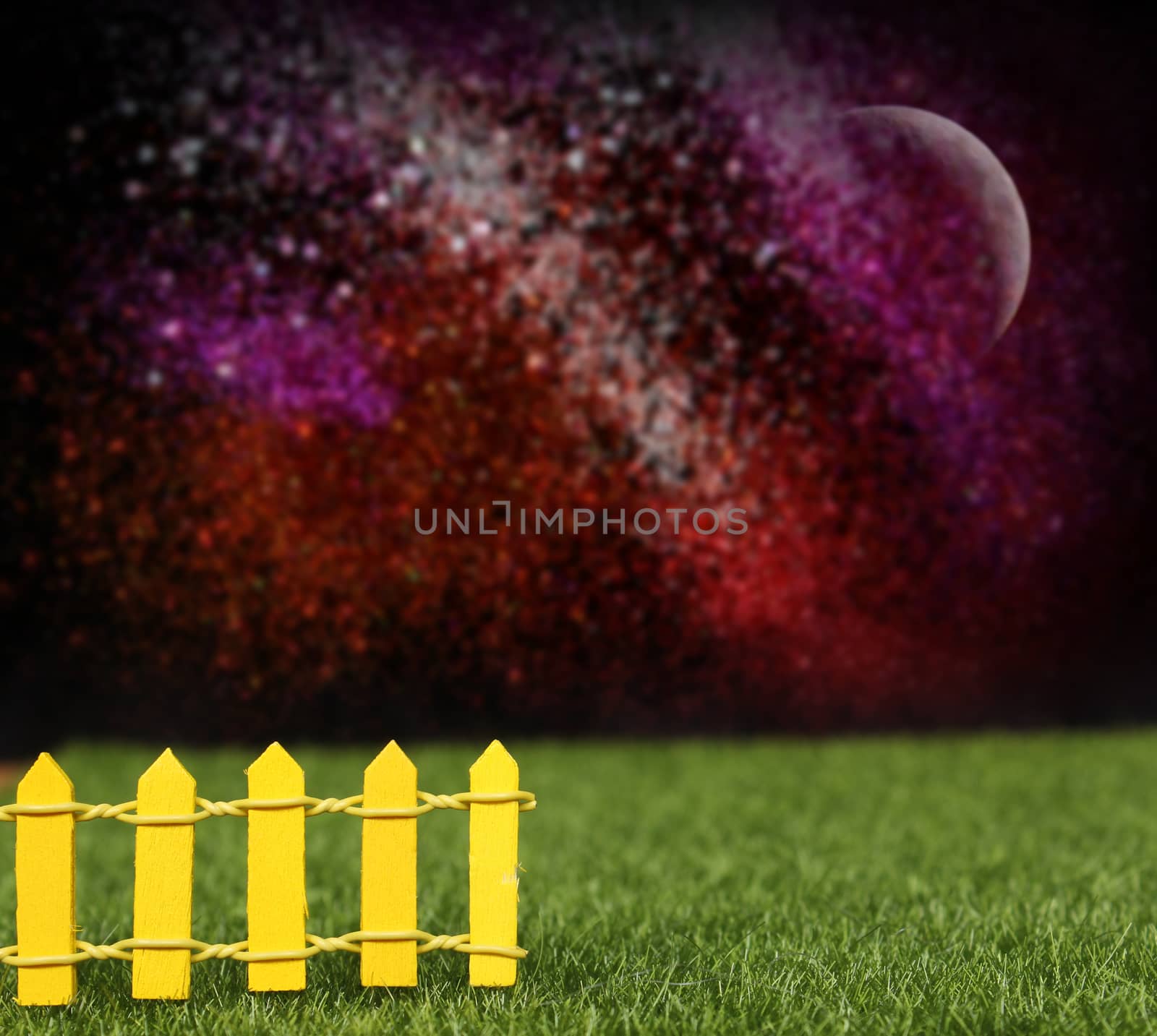 Wooden Fence With Grass and Moon, Blurred Glitter Background