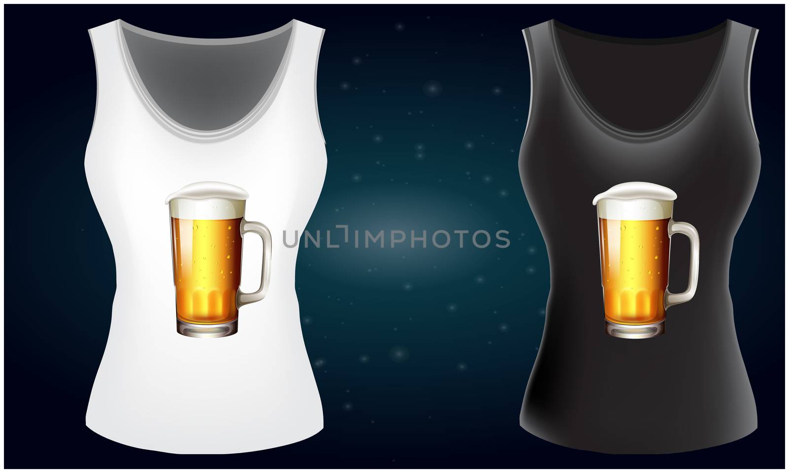 mock up illustration of female fashion wear with beer mug art on abstract background