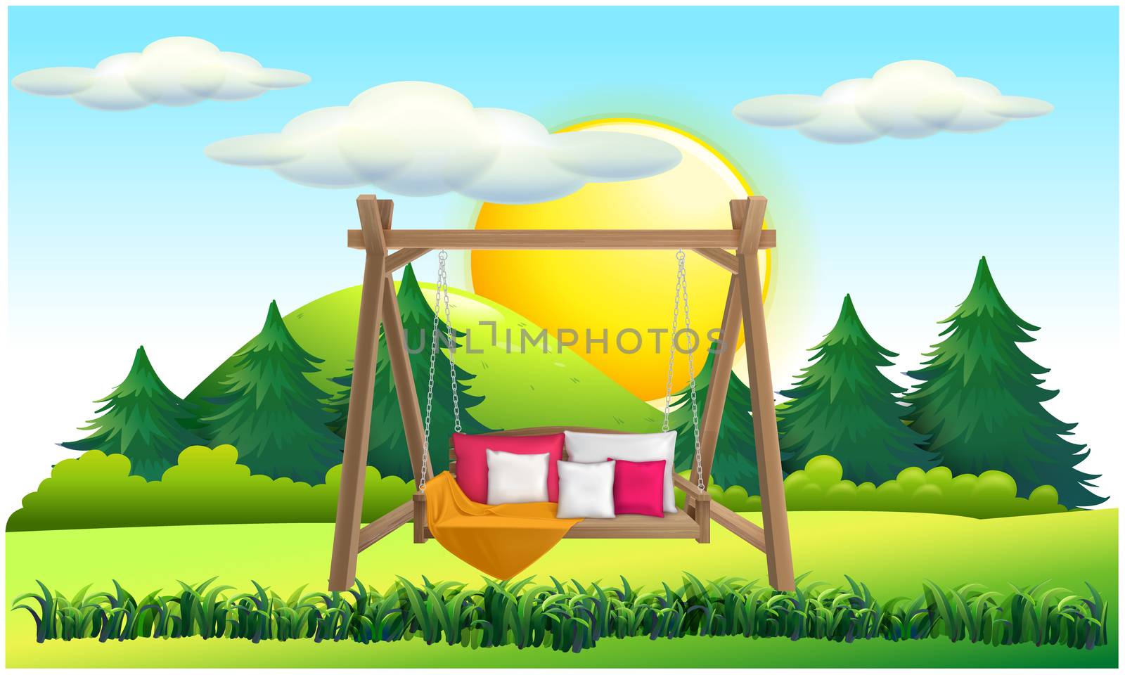 mock up illustration of hanging wooden chair with cushion in a garden during sun set by aanavcreationsplus