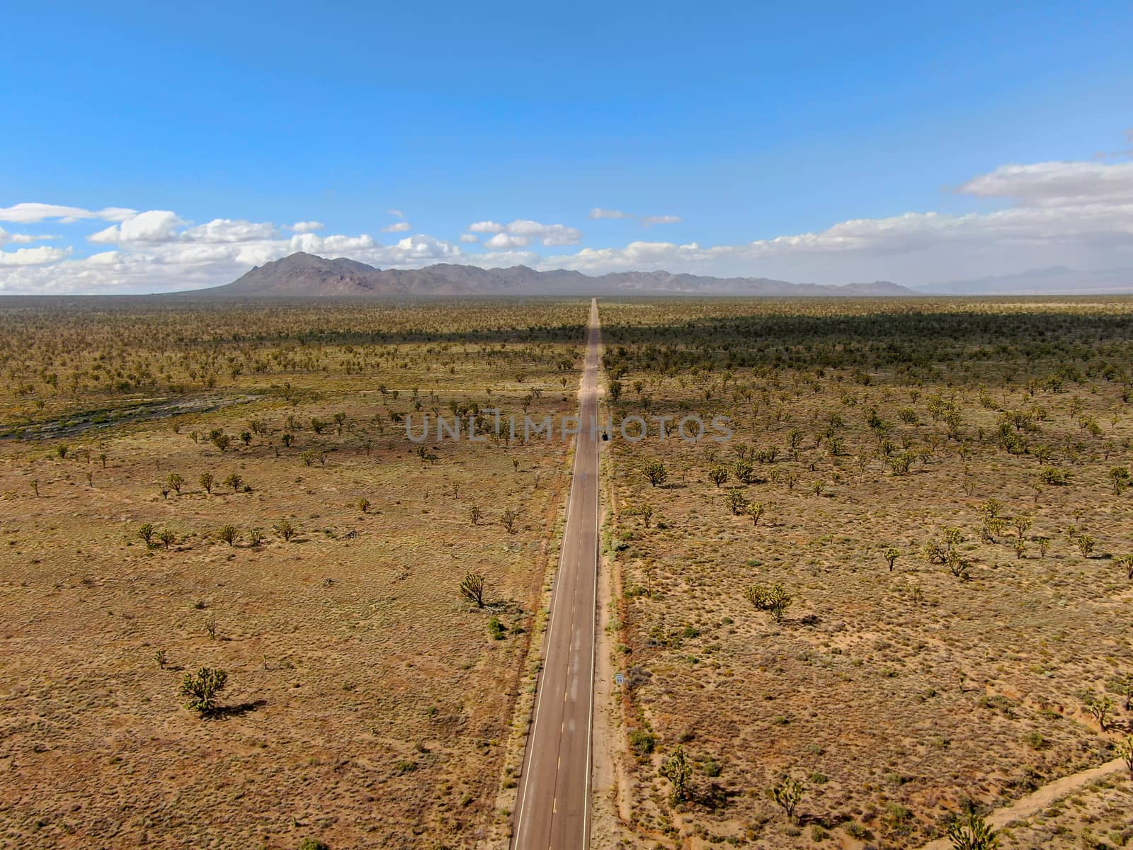 Aerial view of endless desert straight dusty asphalt road in Joshua Tree Park. USA. Long straight tarmac road heading into the desert to the direction of Arizona.