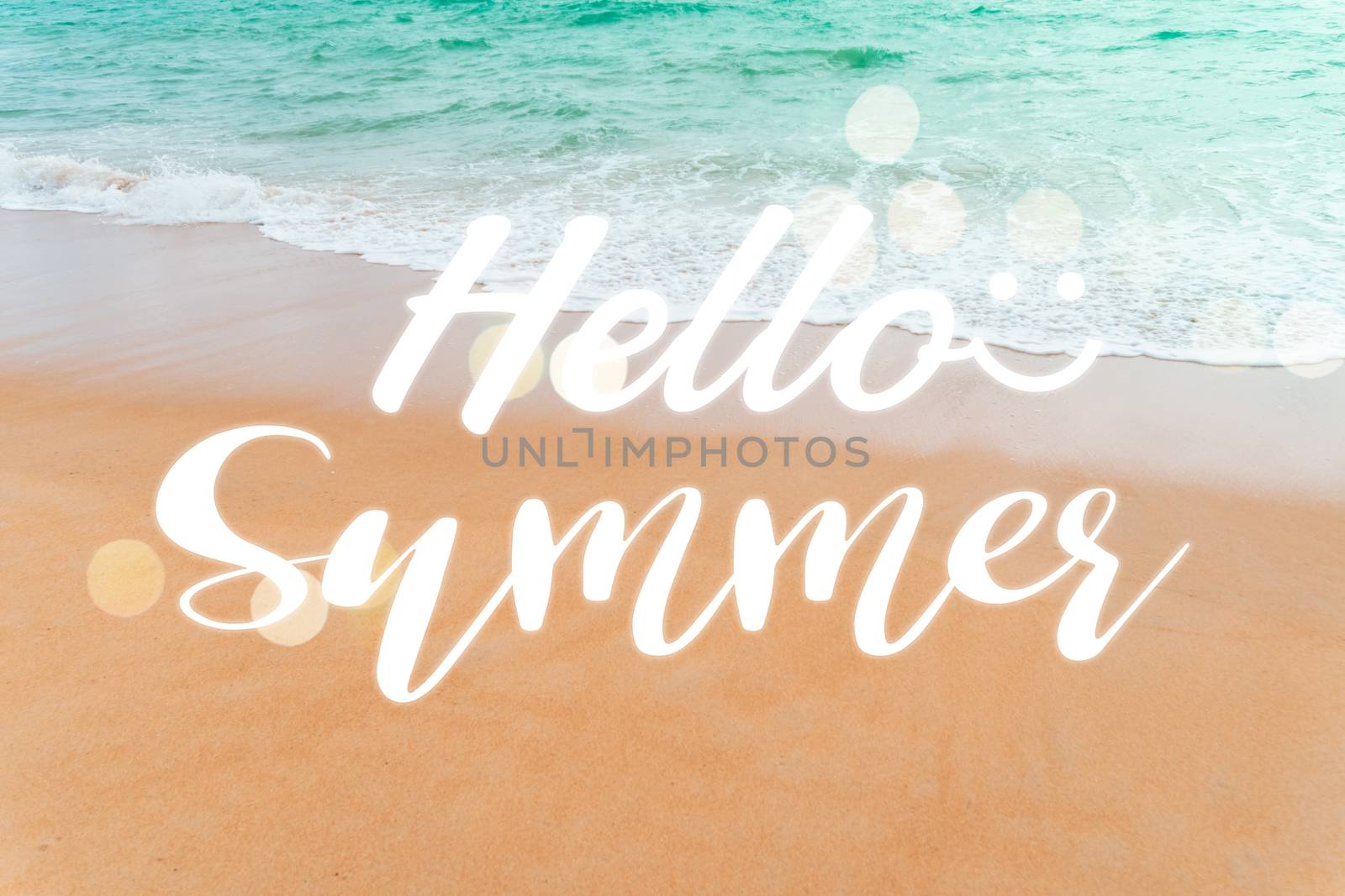 Hello summer qoute on blur beach and tropical coconut palm summer style abstract blurry background. Holiday vacation time concept.