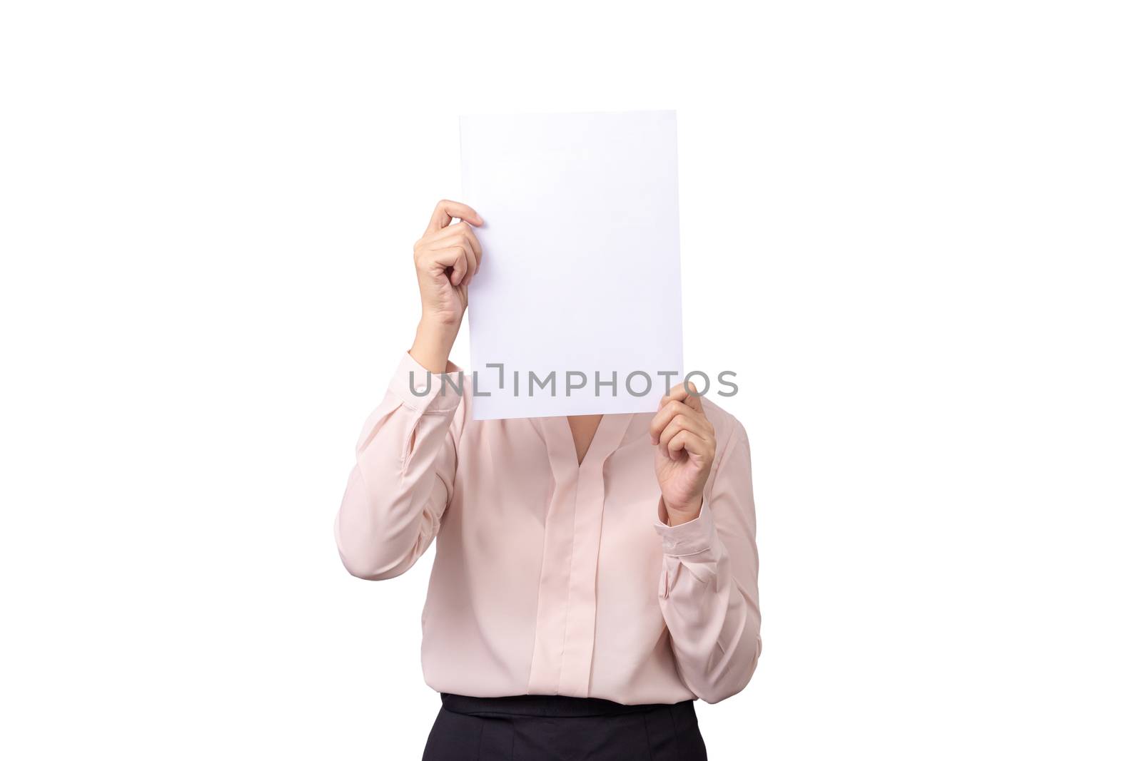 Asian business woman cover her face with blank empty white paper for hide emotion isolated on white background with clipping path