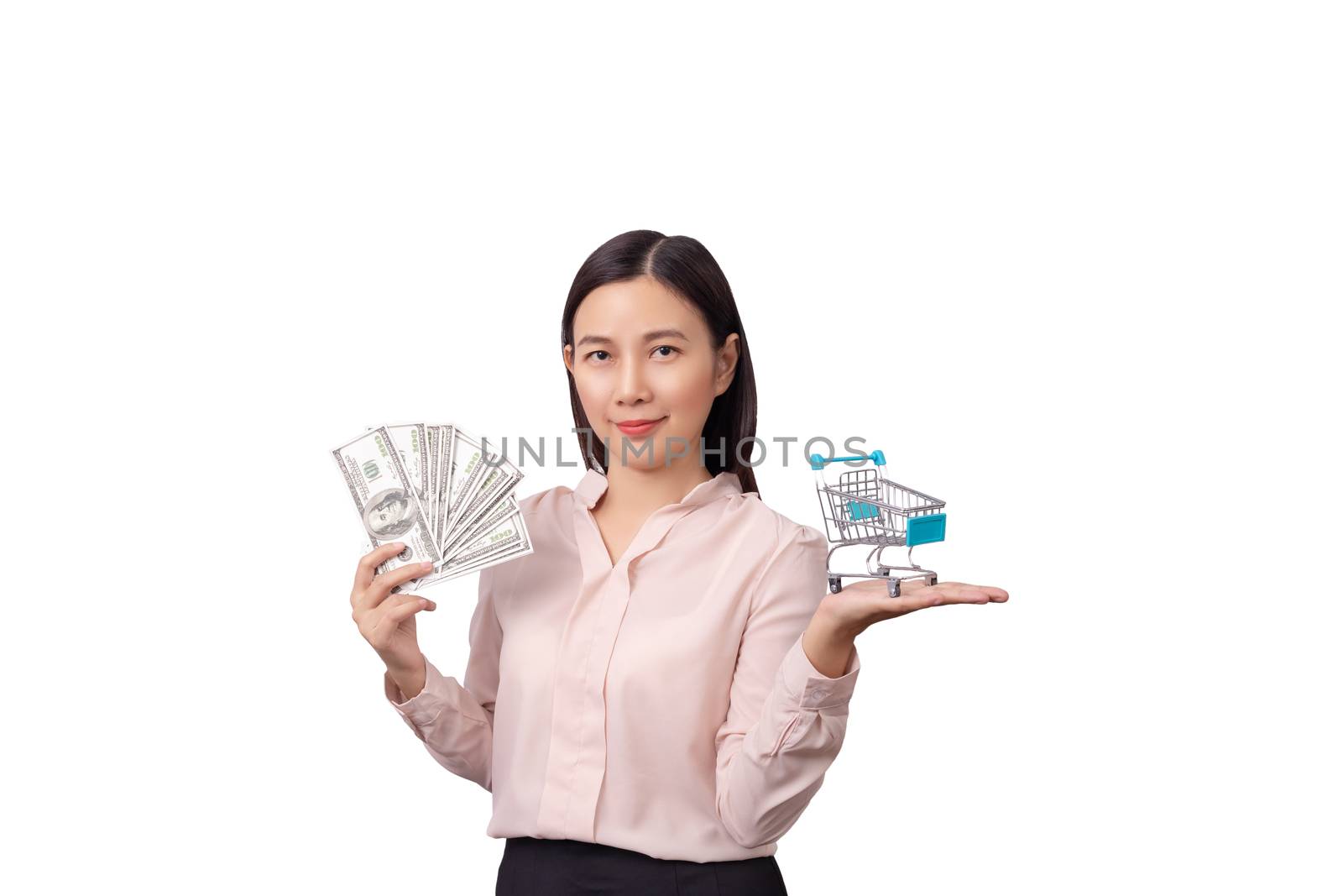 retail commercial business concept, Asian beautiful woman holding banknote money in hand and shopping cart in another hand isolated on white background with clipping path by asiandelight