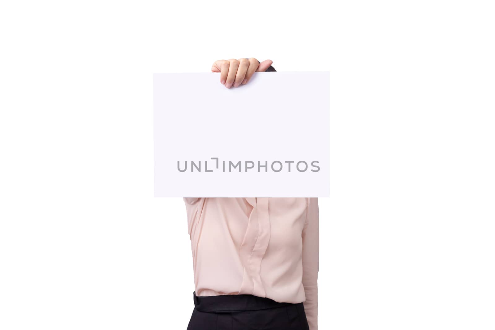 businesswoman holding blank white placard board paper sign with empty copy space isolated on white background with clipping path by asiandelight