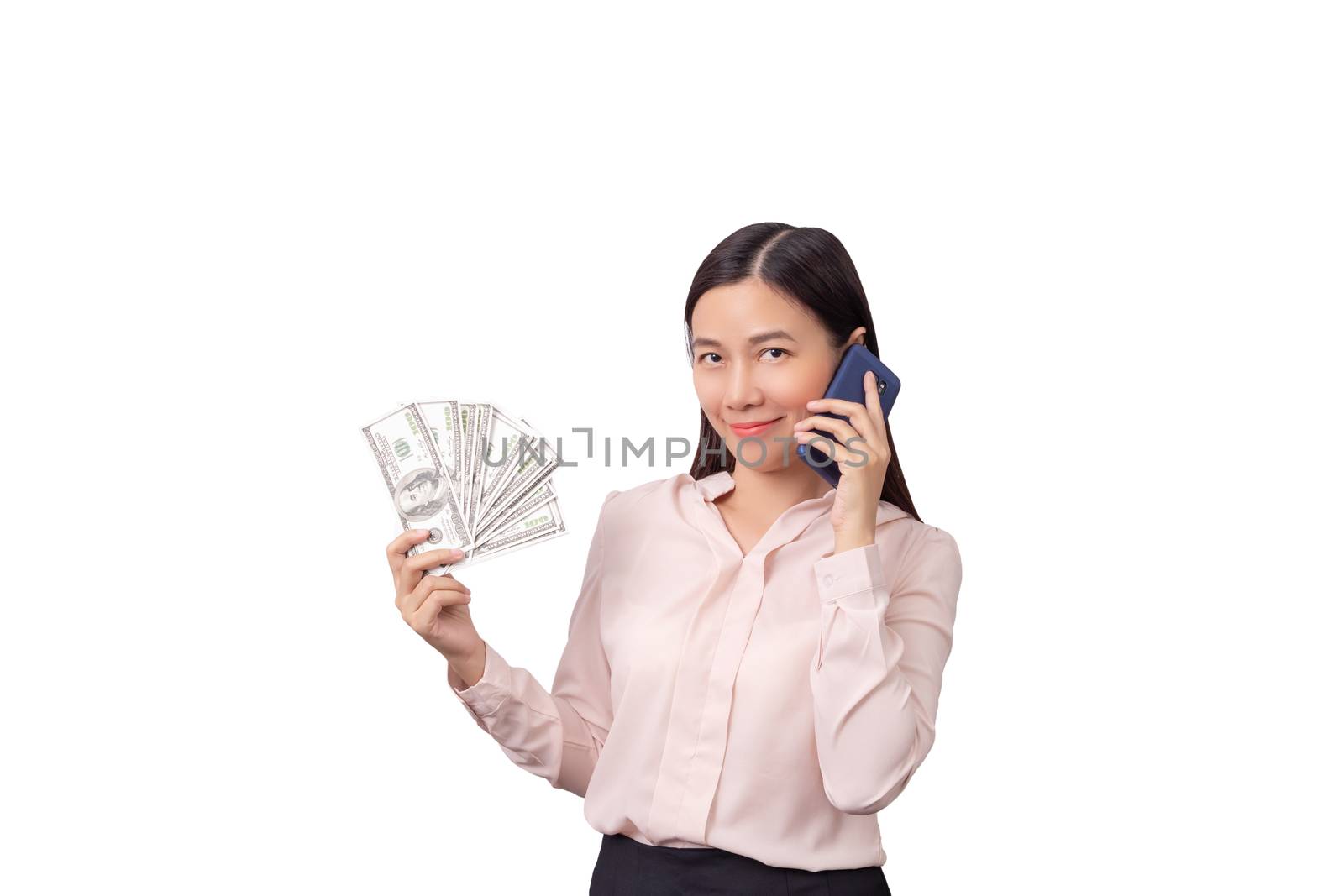 Asian beautiful woman holding banknote money in hand and mobile phone in another hand isolated on white background with clipping path.  commercial business by phone concept by asiandelight